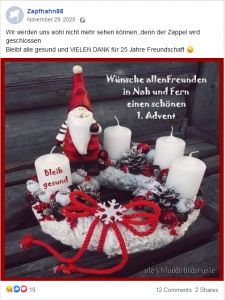 Facebookpost des Zapfhahn88 mit Weihnachtsbild. Dazu geschrieben: Wir werden uns wohn nicht mehr sehen können, denn der Zappel wird geschlossen. Bleibt alle gesund und VIELEN DANK für 25 Jahre Freundschaft